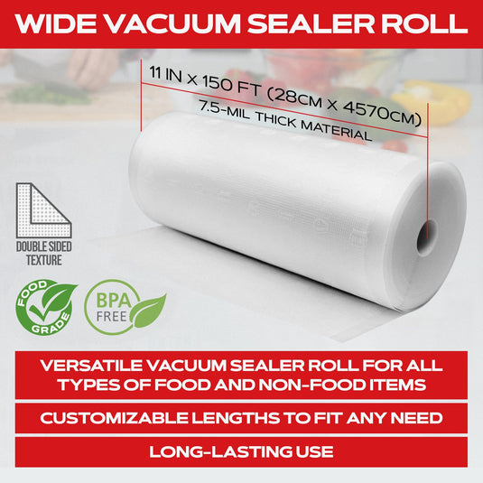 Vacuum Sealer Roll - 11 in x 150 ft, Textured on Both Sides, 7.5 Mil Thickness