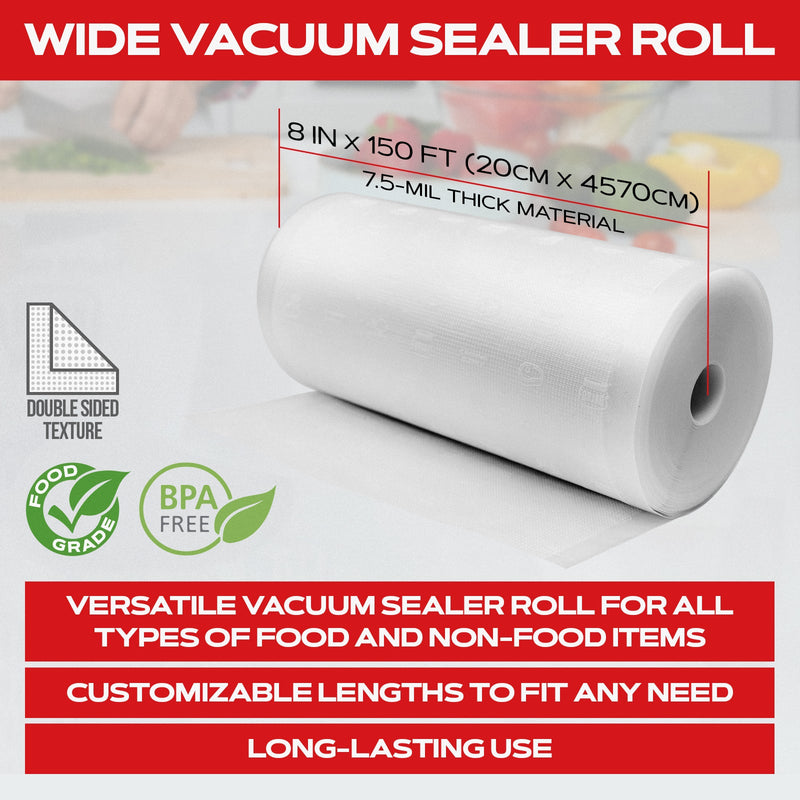 Load image into Gallery viewer, Vacuum Sealer Roll - 8 in x 150 ft, Textured on Both Sides, 7.5 Mil Thickness
