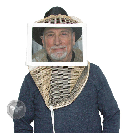 Square folding beekeeping veil made of stiff protective mesh fabric.