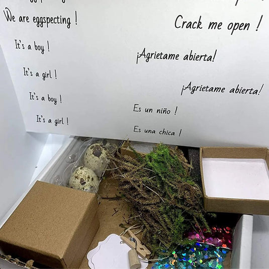 Gender Reveal Ideas: Quail Egg Pregnancy Announcement Kit for Family - Creative Baby Shower Activities & Memorable Baby's Gender Reveal comes with 3 Hollow Quail eggs, glitter, and a craft box