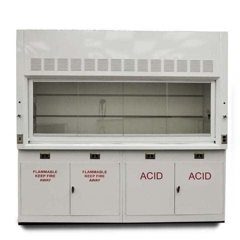 Fisher American 8 foot fume hood with acid storage cabinets