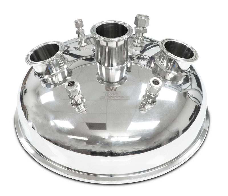 Load image into Gallery viewer, Compression 12" Tri-Clamp x (3) 2" Tri-Clamp x (2) 3/8" Compression x 1/4" Compression x 1/2" Compression Hemispherical Lid
