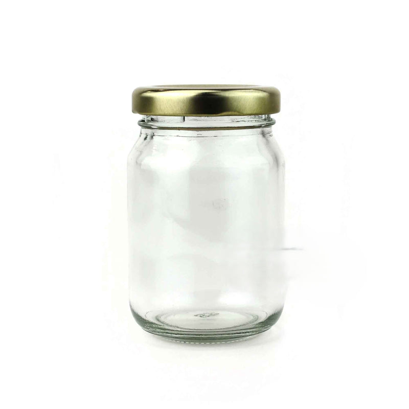 Load image into Gallery viewer, Glass cylinder honey jar with classic gold lid, 125 ml capacity.
