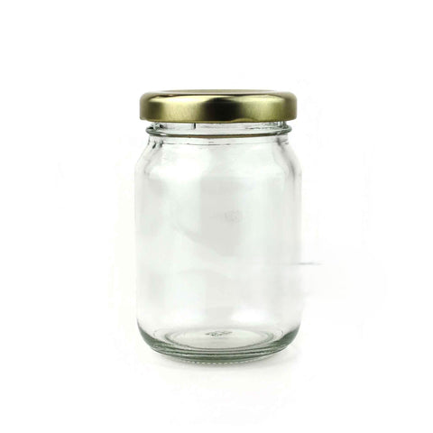 Glass cylinder honey jar with classic gold lid, 125 ml capacity.