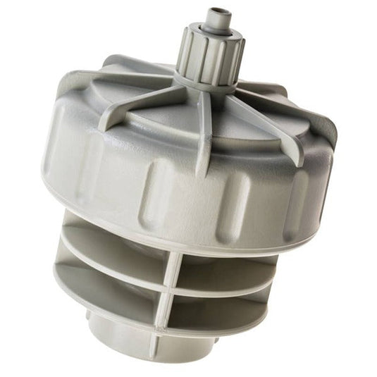 Blumat pressure reducer showing ribbed body and tubing outlet