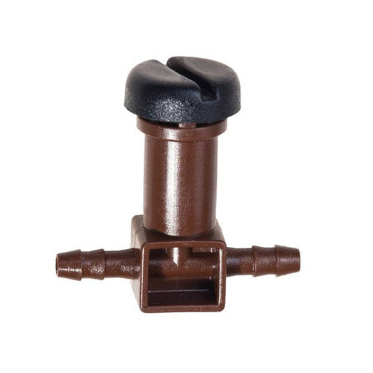 Brown Blumat distribution dripper with two tubing barbs and adjustment screw