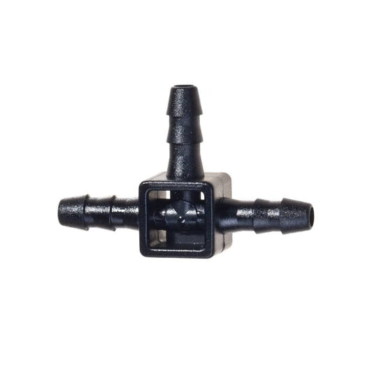 Black Blumat three-way mini-tee with barbed drip tubing connections
