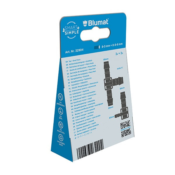 Load image into Gallery viewer, Back of Blumat tee and end-piece package with fitting illustrations
