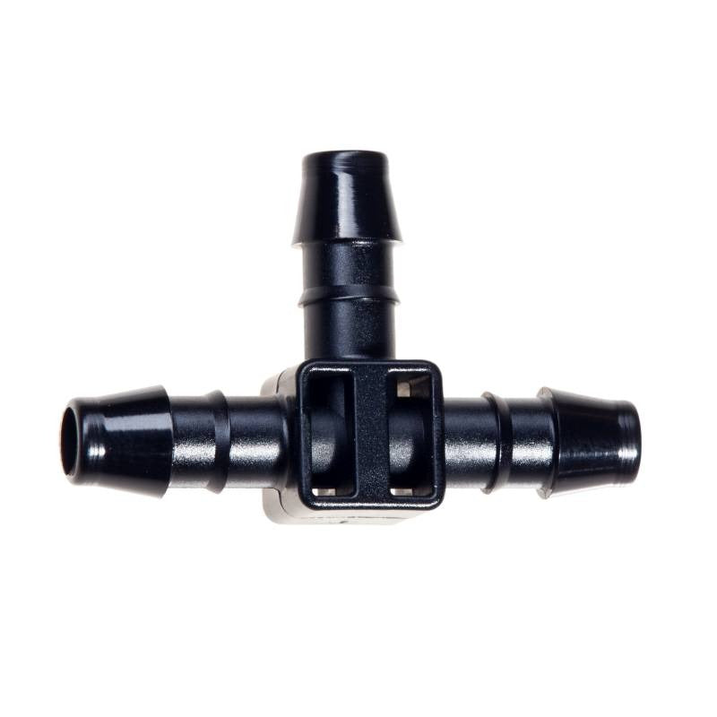 Load image into Gallery viewer, Black Blumat barbed tee fitting for branching irrigation supply tubing
