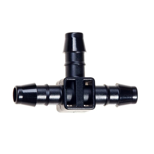 Black Blumat barbed tee fitting for branching irrigation supply tubing