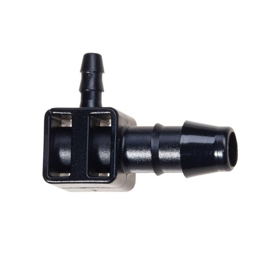Black Blumat barbed elbow end fitting for irrigation supply tubing
