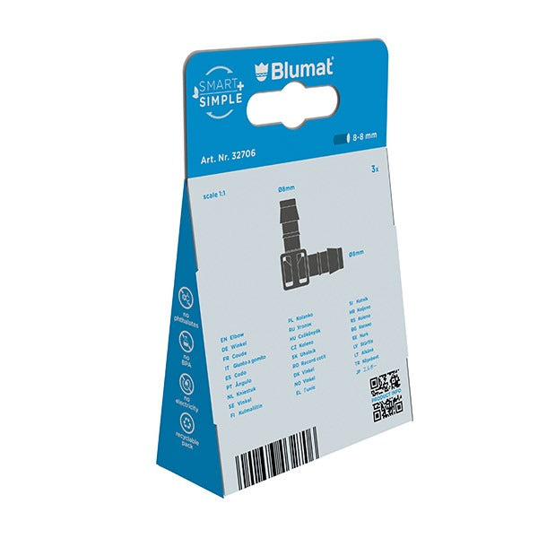 Load image into Gallery viewer, Back of Blumat elbow fitting package with product information
