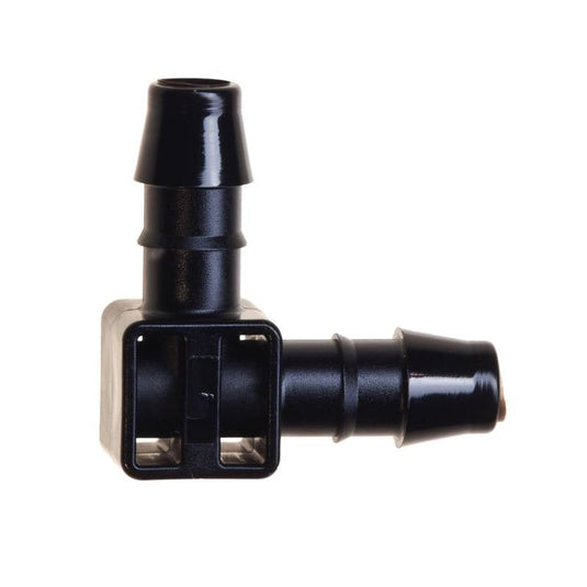 Black Blumat 8 mm barbed elbow fitting with right-angle connection