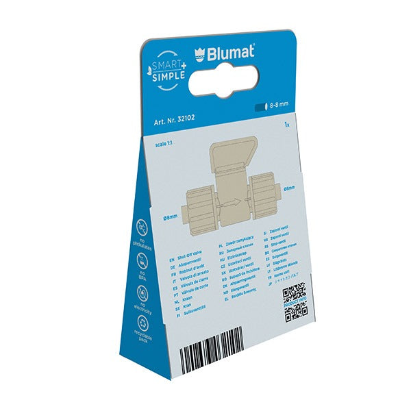 Load image into Gallery viewer, Back of Blumat shut-off valve package with valve illustration
