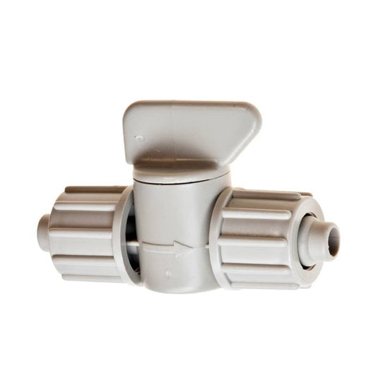Blumat inline shut-off valve with two collars and quarter-turn handle