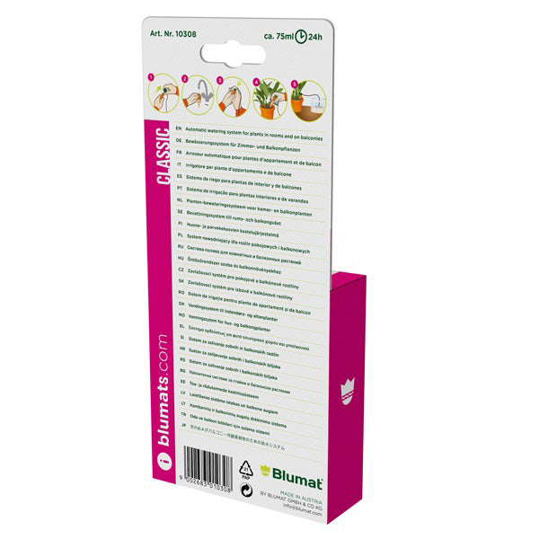 Load image into Gallery viewer, Back of Blumat Classic three-pack package with watering instructions
