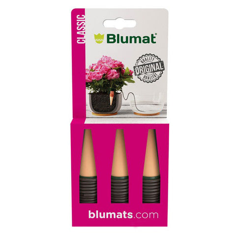 Blumat Classic three-pack of ceramic watering stakes in pink packaging