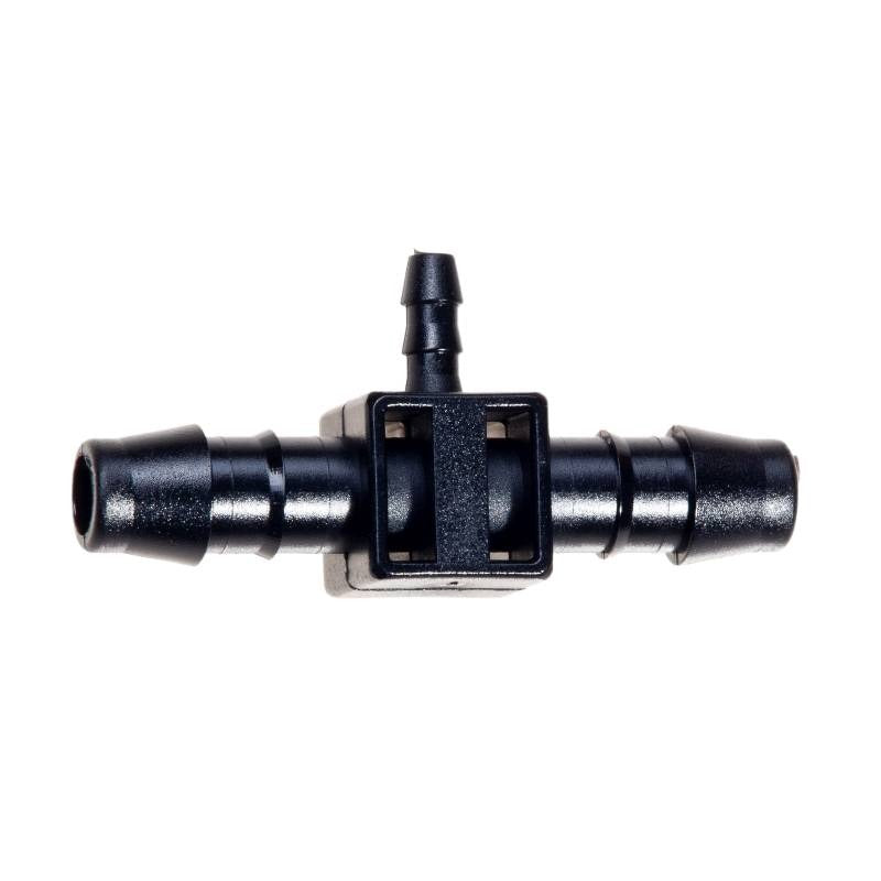 Load image into Gallery viewer, Black Blumat T-piece with two large barbs and smaller branch connection
