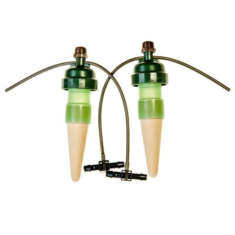 Load image into Gallery viewer, Two Tropf-Blumat ceramic watering sensors with green tops and tubing
