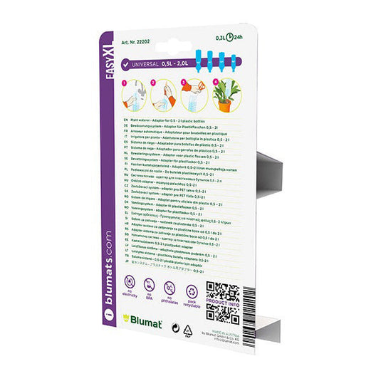Back of Blumat Easy XL package with bottle watering instructions