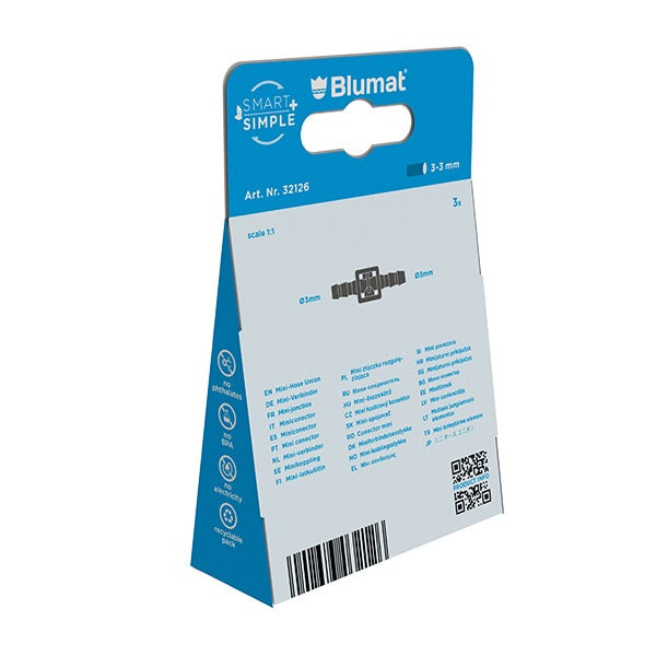 Load image into Gallery viewer, Back of Blumat mini-hose union package with connector illustration
