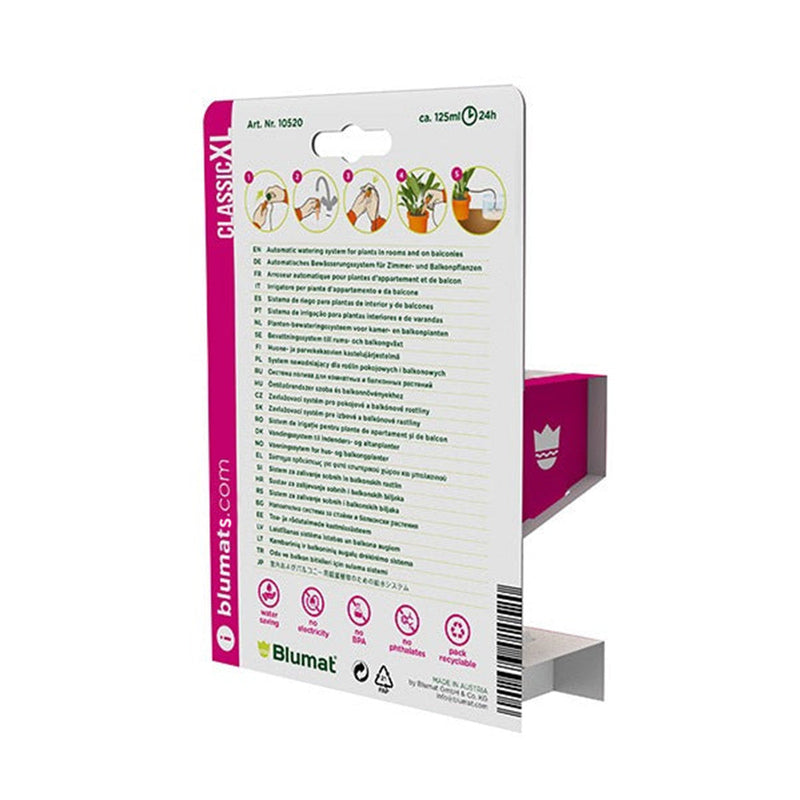 Load image into Gallery viewer, Back of Blumat Classic XL package with illustrated watering instructions
