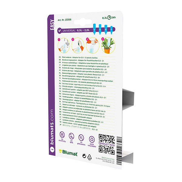 Load image into Gallery viewer, Back of Blumat Easy three-pack package with bottle watering instructions
