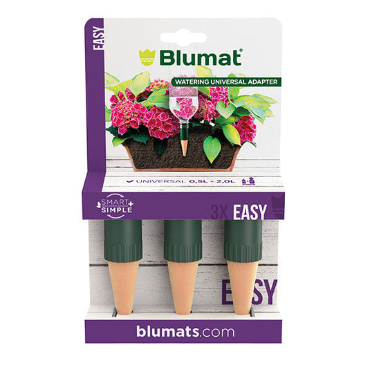 Blumat Easy three-pack of bottle watering spikes in purple packaging