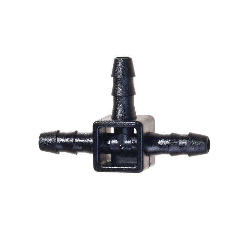 Load image into Gallery viewer, Black Blumat 3 mm mini-tee with three barbed tubing connections
