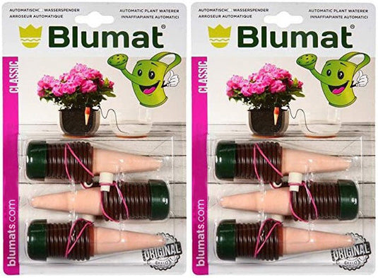 Blumat Classic three-pack retail package pictured with ceramic watering stakes