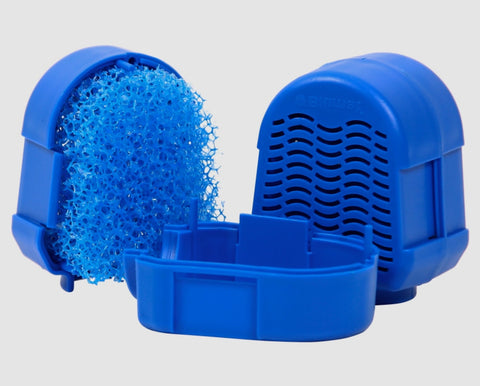 Blue Blumat tank connector filter opened to show foam insert