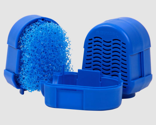 Blue Blumat tank connector filter opened to show foam insert