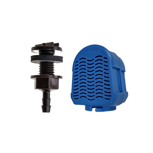 Load image into Gallery viewer, Blumat tank connector and blue filter shown side by side
