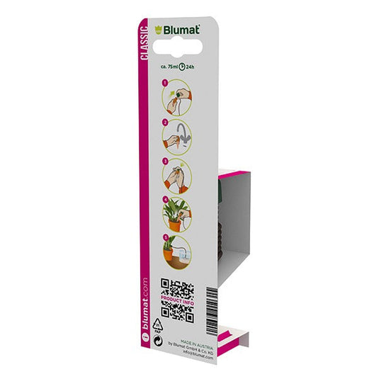 Back of single Blumat Classic package with illustrated watering instructions