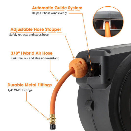Retractable Air Hose Reel-PP Housing-3/8in-50ft