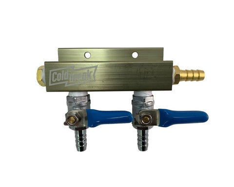Coldbreak 2-way aluminum CO2 gas manifold for distributing gas to kegs.
