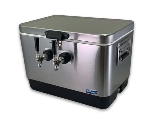 Coldbreak 2-tap stainless steel jockey box for portable draft service.