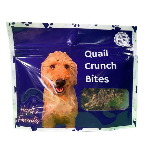 Bag of dehydrated quail meat and shell crunch bites for dogs.