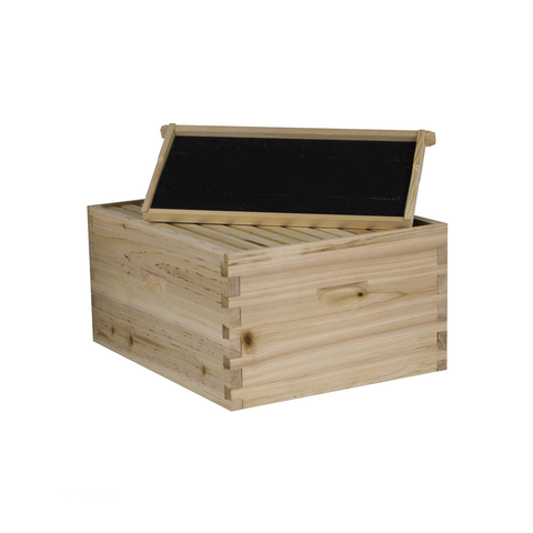 10-frame deep brood box with dovetail joints, unassembled, front