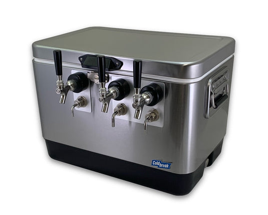 Coldbreak 3-tap front-input stainless steel jockey box for draft service.
