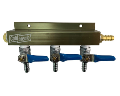 Coldbreak 3-way aluminum CO2 gas manifold for distributing gas to kegs.