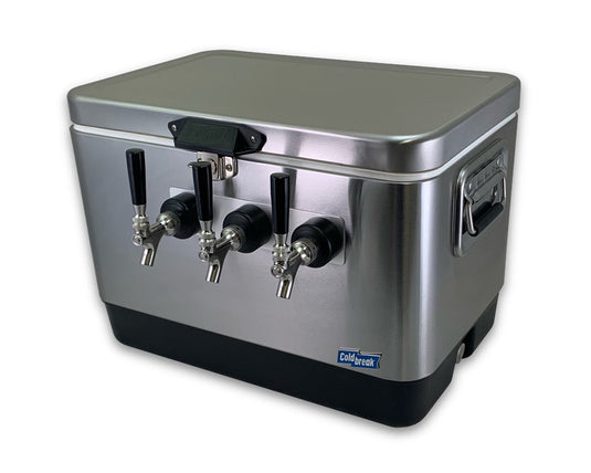Coldbreak 3-tap stainless steel jockey box for portable draft service.