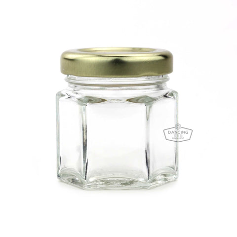 Tiny glass hexagon jar, 45 ml sample size, for honey favors.