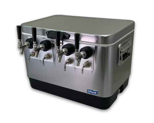 Coldbreak 4-tap front-input stainless steel jockey box for draft service.