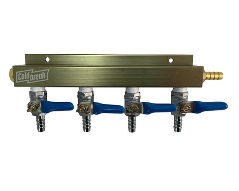 Coldbreak 4-way aluminum CO2 gas manifold for distributing gas to kegs.