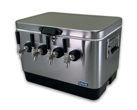 Coldbreak 4-tap stainless steel jockey box for portable draft service.