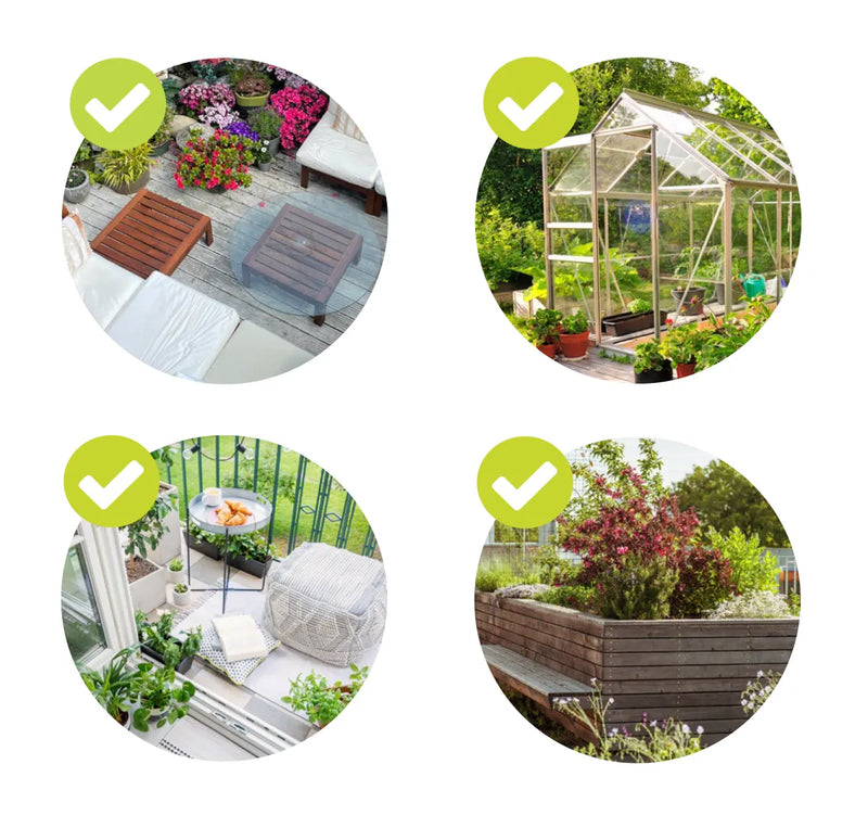 Load image into Gallery viewer, Tropf-Blumat graphic showing balcony, greenhouse, container and raised-bed watering
