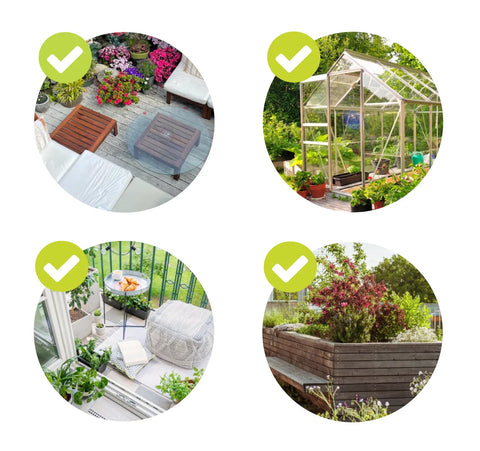 Tropf-Blumat graphic showing balcony, greenhouse, container and raised-bed watering