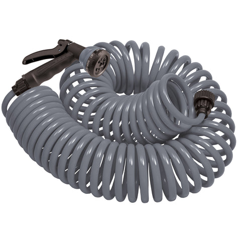 Orbit 50 ft gray coil hose with 8-pattern plastic nozzle