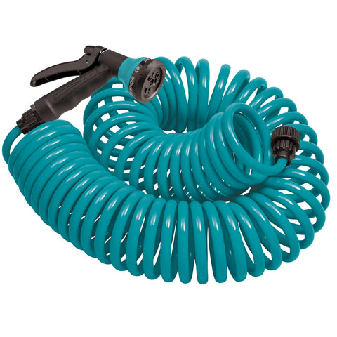 Orbit 25 ft blue coil hose with 8-pattern plastic nozzle